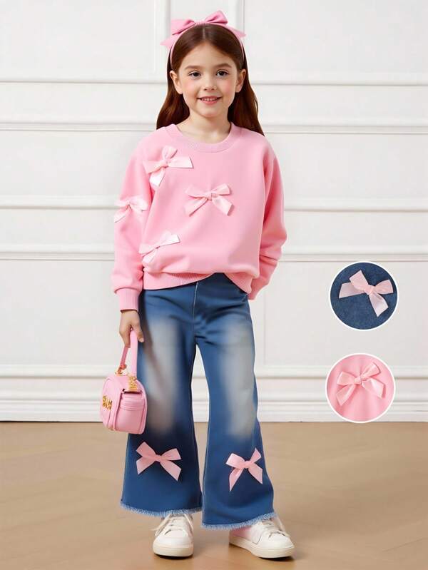 Elladie kids 两件套女童粉色圆领长袖蝴蝶结卫衣搭配喇叭牛仔裤，时尚甜美可爱，适合秋冬季节。粉色蝴蝶结牛仔裤，儿童粉色蝴蝶结牛仔裤，粉色蝴蝶结套装，女童粉色蝴蝶结卫衣，秋冬季