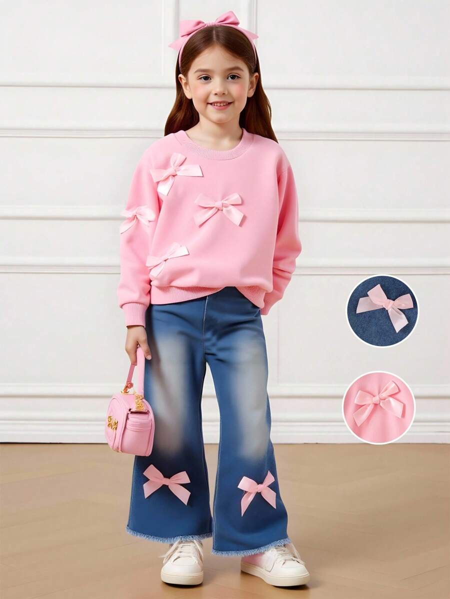 Elladie kids 两件套女童粉色圆领长袖蝴蝶结卫衣搭配喇叭牛仔裤，时尚甜美可爱，适合秋冬季节。粉色蝴蝶结牛仔裤，儿童粉色蝴蝶结牛仔裤，粉色蝴蝶结套装，女童粉色蝴蝶结卫衣，秋冬季 - 卡其色 - 查看 1