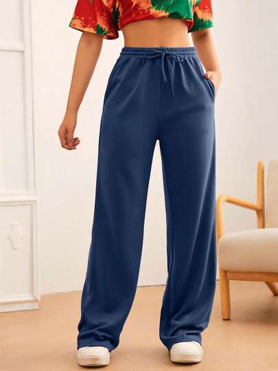 SHEIN Tall Women's Solid Color Drawstring Waist Pockets Straight Loose Casual Sweatpants