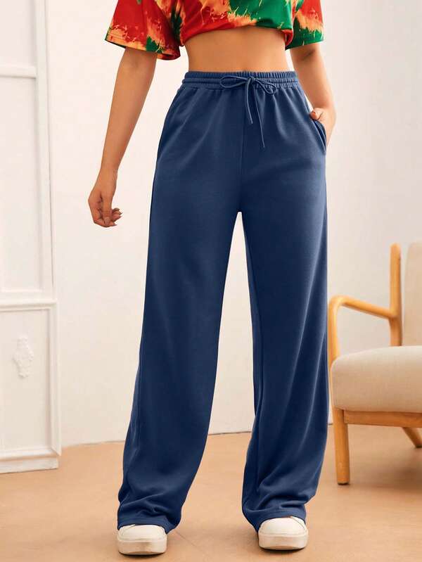 SHEIN Tall Women's Solid Color Drawstring Waist Pockets Straight Loose Casual Sweatpants