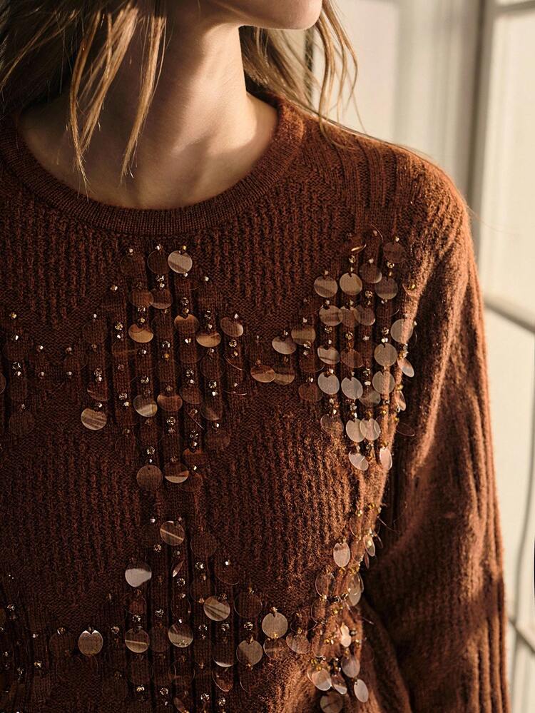 CONTRAST SEQUIN PULLOVER SWEATER