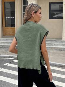 Serisse 秋冬女士立领碎花边侧系带宽松针织背心 - 橄欖綠 - 查看 2