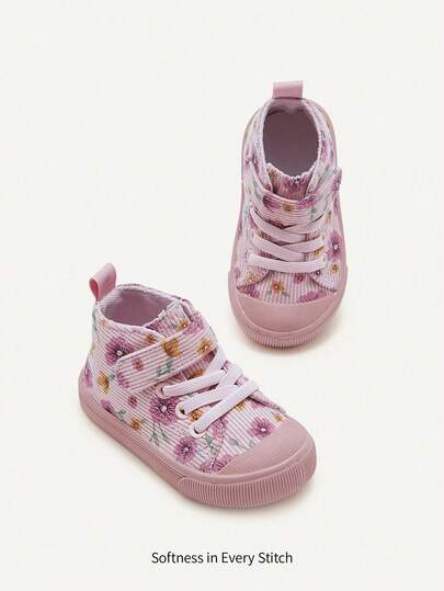 Cozy Pixies 1 Pair Baby Girls' Pink Floral Hook And Loop Flat Casual Comfortable Breathable Canvas Shoes, Suitable For Daily Wear