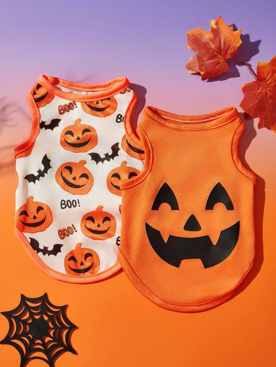 PETSIN 2pcs Pet Cat Dog Universal Halloween Orange Pumpkin Funny Expression Pattern Print Fashionable Breathable Comfortable Dog Vest, PETSIN Original Design