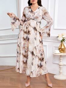 Modelyn Plus Size Color Block V-Neck Flare Sleeve Twist Knot Dress For Women - Multicolor - View 2