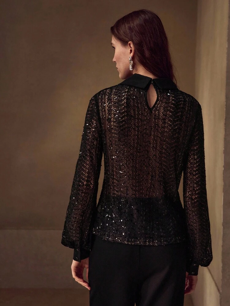 ELEGANT LACE SEQUINS LANTERN SLEEVE SLIM FIT SHEER TOP , VERSATILE ITEM