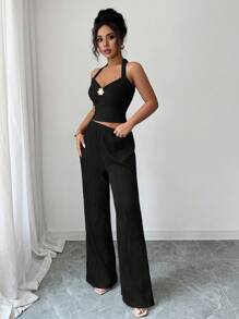 Selianne Bộ trang phục họa tiết gợn sóng phong cách Mỹ cổ điển Y2K mới, áo crop top dây mảnh trang trí hoa kim loại + quần ống đứng, bộ 2 món cho nữ, phù hợp cho ngày lễ Độc lập, phong cách Stockholm màu nâu - màu đen - Xem 4