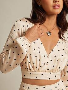 WESTFADE Polka Dot Satin V Neck Bow Tie Back Long Sleeve Crop Top Fall, Autumn, Winter, Casual Cute, Boho Cowgirl, Nashville Country Western Concert - Apricot - View 2
