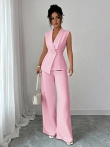 Selianne 女士优雅办公室通勤下午茶会服装，有领不对称下摆无袖西装外套，带金属腰扣装饰，搭配松紧腰长裤，两件套西装，春夏 - 粉色 - 查看 5