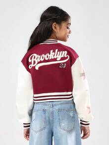 SUMWON Jaqueta Bomber de Letra Universitária Estilo Colegial da Equipe de Beisebol de Brooklyn, Camisa Universitária Cropped Bordô e Branca, Rua, Outono Inverno, Jovens e Adolescentes, Número 23 - Vinho - Visão 1