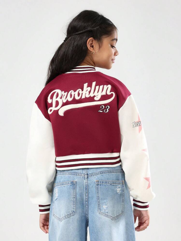 Cropped Varsity Bomber With Letter Patch And Stripes