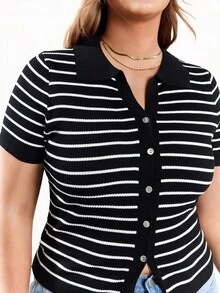 Solavibe 女式条纹翻领短袖前结短款开衫 - 黑與白 - 查看 4