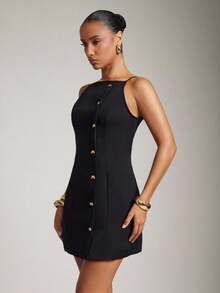 Hauture Váy ngắn cổ thuyền công sở mùa hè gợi cảm có nút vàng - màu đen - Xem 3