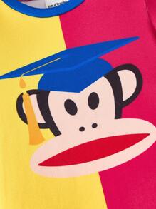 Paul Frank X SHEIN 2 件套小男孩卡通图案拼色圆领长袖上衣和裤子舒适弹力贴身睡衣套装 - 彩色 - 查看 6