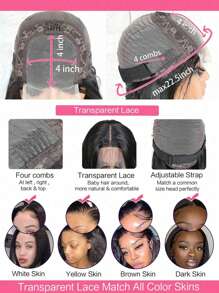 Pelucas de Bob, peluca de pelo humano, pelo corto recto, Peluches Lace 4 4x4, con flequillo, Pelo transparente suizo, Cabello humano real, Lazo frontal, con cabello de bebé, Color negro natural - Natural Black - Ver 6