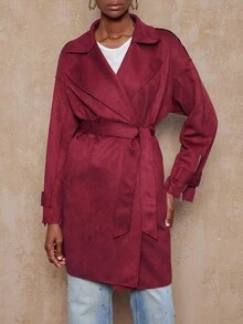 SHEIN Privé VITNOS Women's Burgundy Autumn Elegant Office Solid Color Lapel Neck Casual Trench Coat,High-End Winter Long Jacket For Date Night,Parties,Holiday - Khaki - View 4