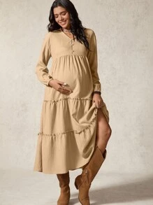 Boho Mama Maternity Solid Color Long Sleeve Button Design Frill Trim Casual Dress - Khaki - View 4