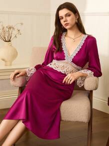 Moireta Camisola Elegante, Madura e Sexy de Renda Francesa para Mulheres, Outono - Rosa chiclete - Visão 1
