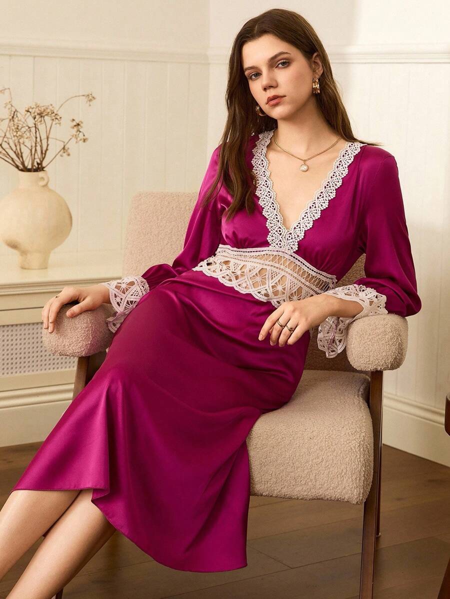 Moireta Camisola Elegante, Madura e Sexy de Renda Francesa para Mulheres, Outono - Rosa chiclete - Visão 1