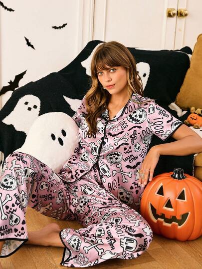 SHEIN Chillnights Women Casual & Homewear Funny Print Pajama Set, Halloween