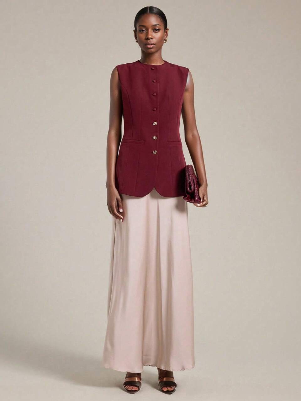 Burgundy,Summer,Elegant,Office Women's Vest,Urban Chic Minimalist Round Neck Sleeveless Top,Business Casual Commuter Wear,2025 New Arrival,Wine Red