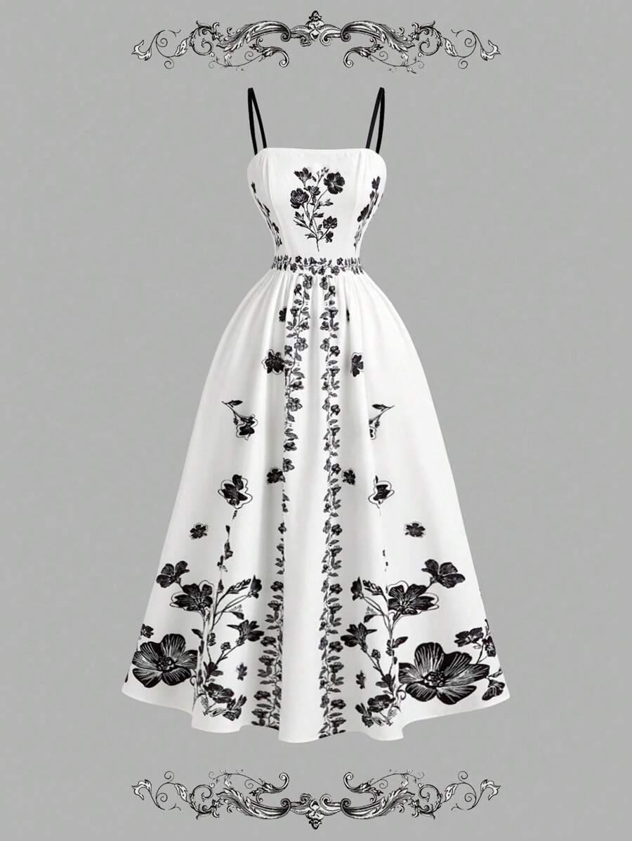 SHEIN MOD Women's Vintage Floral Print Long Dress, Elegant Sleeveless, Floral Dress, Vintage Dress,Dresses For Women Elegant,Vacation Dress,Boho,Old Money Style Women,Back To School,Country Concert Outfit,Homecoming,Boho,Halloween - Multicolor - View 1