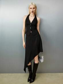 Airlisse 女士时尚露背花卉装饰上衣 + 不对称下摆半身裙 2 件套 - 黑色 - 查看 1