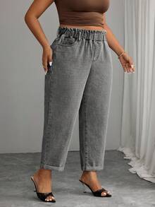 Elenzga Plus Size Women's Pocket Design Tapered Leg Casual Versatile Jeans - Light Grey - View 3