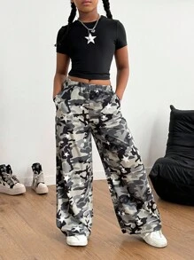Sparklyn 2pcs/Set Tween Girl Streetwear Square Neck Star Print Tight Fit Short Sleeve T-Shirt + Loose Camouflage Wide Leg Pants, Casual Outfit, School, Campus, College
