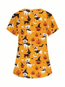 PopScrub Women's Halloween Pattern Nurse Doctor Uniform Top,Orange V-Neck Short Sleeve Double Pocket Pet Grooming Lab Workwear,Summer Functional Scrub Top - Orange - View 2