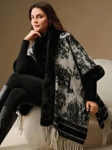 Anewsta Women's New Oriental Aesthetic Ink Painting Tassel Shawl, Suitable For Autumn, Fall, Winter, Going Out, Elegant, Formal, Party, Chic, New Year, Women's Winter Coat, Christmas, Work, Graduation, Wedding