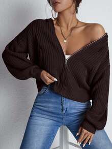 EURMUSE 女士纯色简约日常拉链针织开衫 - 棕色 - 查看 5