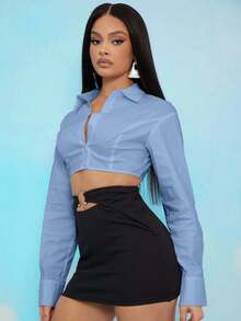 EURMUSE Áo sơ mi dài tay cài nút màu trơn đơn giản dành cho nữ - Màu xanh nhạt - Xem 3