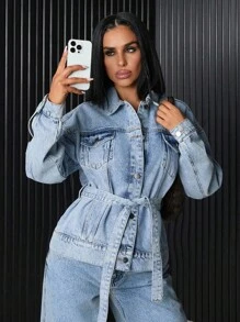 EURMUSE Flap Pocket Button Front Denim Jacket - Medium Wash - View 4