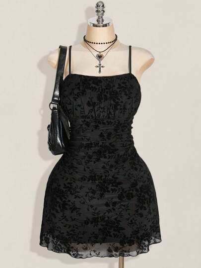 SHEIN ICON 大码女式复古花卉褶皱连衣裙，适合秋季、度假、毕业、返校、Y2K 复古褶皱吊带裙、万圣节服装