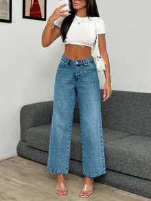 EURMUSE High Waist Light Wash Crop Straight Jean - Baby Blue - View 3
