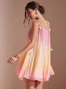 L'Amorae 女士优雅渐变色褶饰吊带背心迷你连衣裙，夏季 - 彩色 - 查看 2