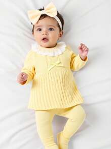 SHEIN 2pcs Baby Girl Romantic Casual Cute Twist Rope Floral Lace Bow Decor Knit Sweater Dress With Leggings Set, Soft Material Suitable For Daily, Outing, Travel, Holiday, Home, Nursery, Playing, Party - Yellow - View 3