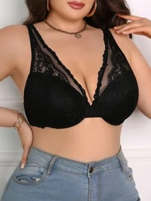 SHEIN Áo ngực ren vá sâu chữ V quyến rũ cỡ lớn dành cho nữ - màu đen - Xem 3