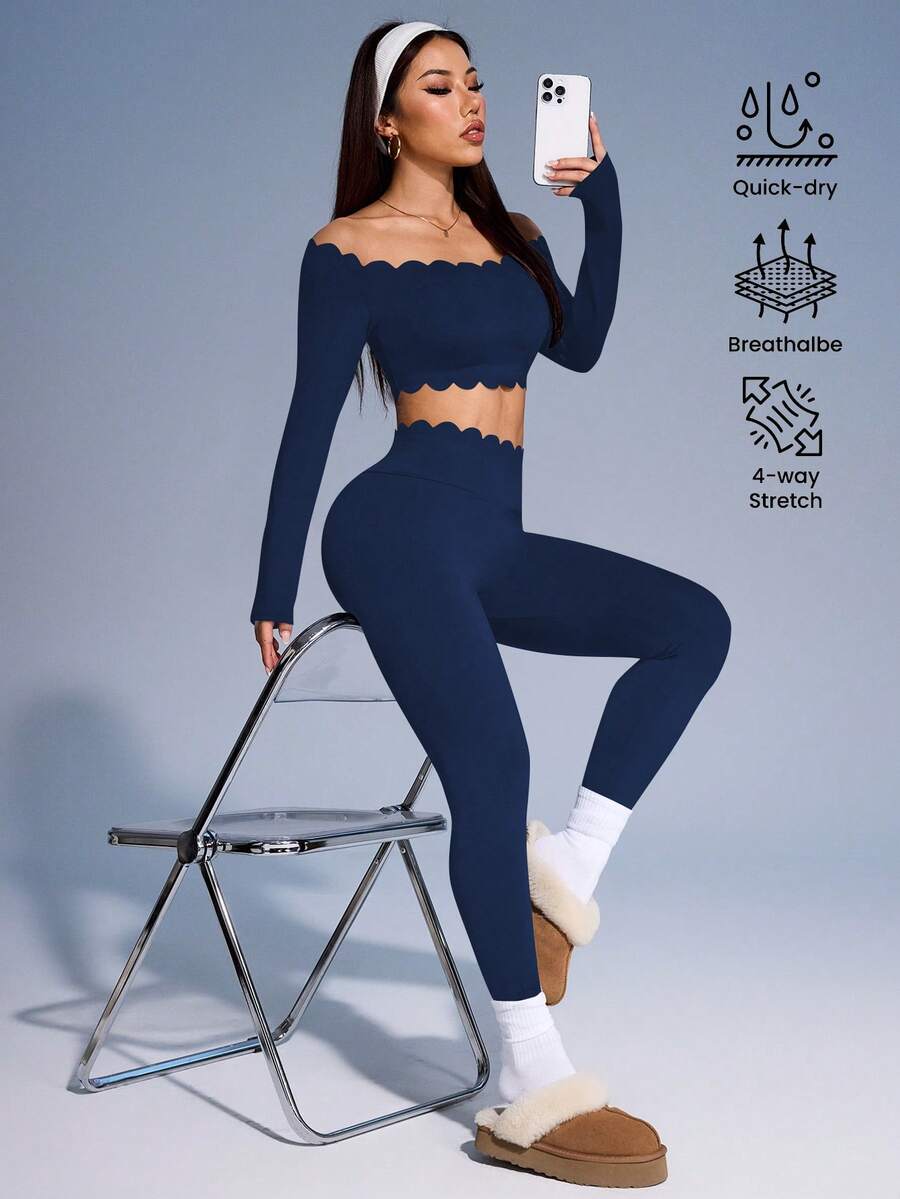 Dewbera Dewbera 女式露肩长袖短款上衣和紧身裤运动套装，休闲性感时尚健身瑜伽荷叶边