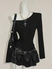 SHEIN ICON One Shoulder Shreeded Back Long Sleeve Jersey Skintight Top Spring, Summer, Holiday, Vacation, Ibiza, Festival, Raves, Cool Girl, Shipwrecked Cutout Top Black Top Goth Top - Black - View 2