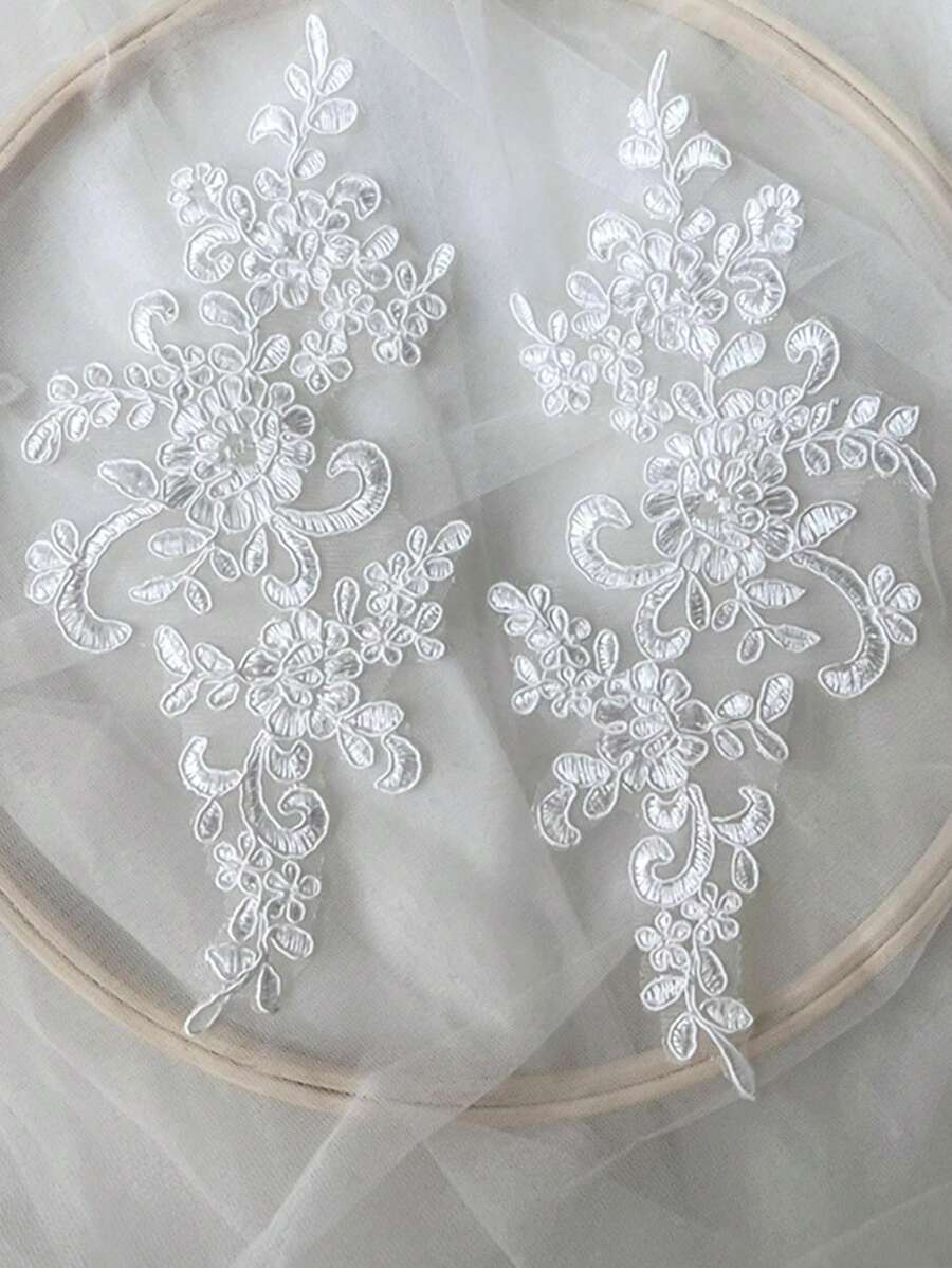 1pair Women Lace Applique Floral Corded Bridal Evening Dress Wedding Costume DIY Motif - White - View 1