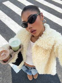 Muchica Women's Butter  Yellow Teddy Fleece Lapel Regular Jacket, Autumn/Winter New Arrival