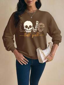 Glamance BiGraphic 女士字母与骷髅印花圆领落肩长袖休闲运动衫棕色长袖秋季运动衫棕色运动衫女士骷髅印花运动衫豹纹运动衫 - 咖啡棕 - 查看 7