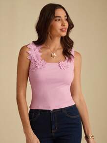 Enchnt Summer Romantic Women Pink 3D Flower Decor Ribbed Fitted Tank Top, Casual & Comfortable For Birthday & Holiday Party & Sweet Date & Daily Commuting & Vacation & Wedding Season Essential,Summer Versatile For Women,Concert Women,Elegant - Pink - View 4