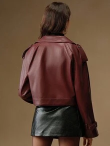 SHEIN X Jwoww Anewsta Áo khoác mô tô thời trang và thanh lịch dành cho nữ, kiểu dáng ngắn, màu đỏ tía, phù hợp cho mùa thu/đông và lễ Halloween - Màu Đỏ Sâu - Xem 5