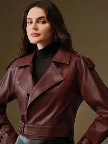 SHEIN X Jwoww Anewsta Áo khoác mô tô thời trang và thanh lịch dành cho nữ, kiểu dáng ngắn, màu đỏ tía, phù hợp cho mùa thu/đông và lễ Halloween - Màu Đỏ Sâu - Xem 8
