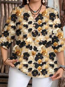 EMERY ROSE Áo sơ mi tay ngắn cổ chữ V in hoa lãng mạn màu vàng cỡ lớn dành cho nữ, phù hợp cho mùa hè Áo cánh sang trọng dành cho nữ Áo cánh hoa Áo cánh hoa dành cho nữ Áo cánh hoa màu đen và vàng dành cho nữ Áo sơ mi hoa - Nhiều màu - Xem 3