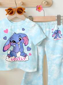 SHEIN Bộ đồ cho bé gái gồm áo thun tay ngắn cổ tròn và quần ống loe kiểu dáng tối giản, họa tiết thỏ xanh hoạt hình dễ thương, nhuộm màu xanh da trời tươi mát, trang phục mùa hè thoải mái, dễ mặc, đồ nhiều lớp mùa thu cho bé gái, bé gái sành điệu, trang phục thường ngày, quần áo họa tiết cho bé gái, đi học, trang phục mùa thu, lễ hội trường. - Nhiều màu - Xem 3