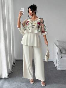 Elenzga Conjunto de dos piezas elegante y casual, formado por una túnica con cuello redondo, empalmado de malla y bordado 3D en talla grande y un mono con cuello redondo, sin mangas y volante en el bajo